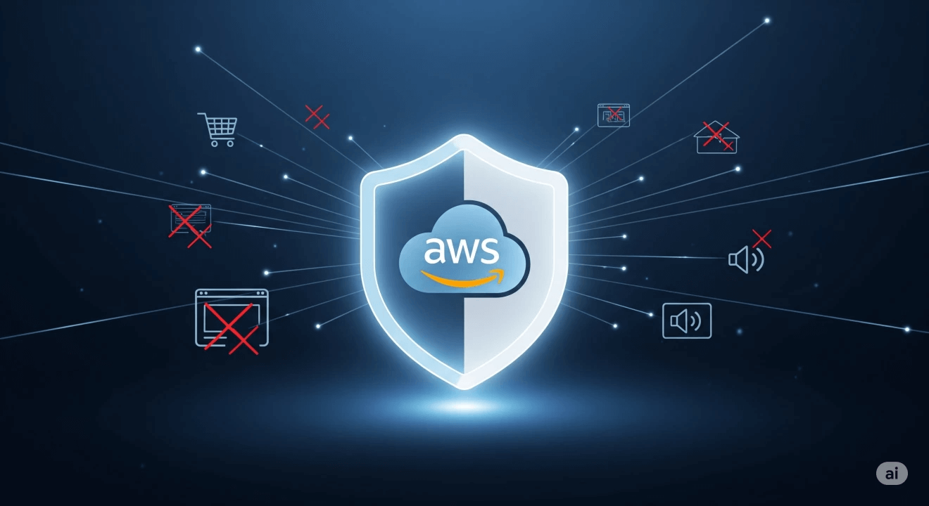 A security shield with the AWS logo at the center, visually blocking unwanted internet traffic like ads (shopping cart icon) and trackers (browser window icon). This represents a cloud-based ad-blocking DNS filter.