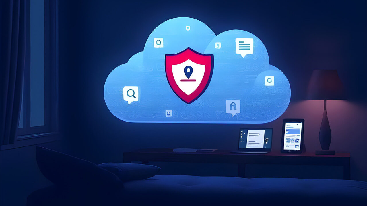 A conceptual image showing a glowing cloud icon containing a security shield, projecting protection over a laptop and tablet on a desk. This visual represents a private, cloud-based DNS filter like AdGuard Home securing personal devices.