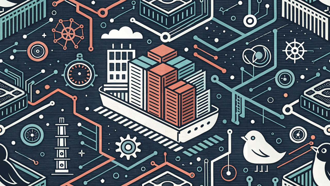 A stylized illustration of a container ship, representing Docker, carrying cargo of servers. The ship is integrated into a larger technical diagram, symbolizing a containerized application and its ecosystem.